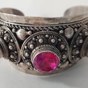 Vintage Solid Sterling Silver Siam Cuff with Ruby-Purple Jewels